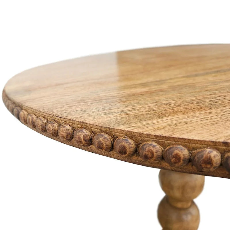 Brown Round Mango Wood Side Table, Stacked Ball Pedestal, 1-Person