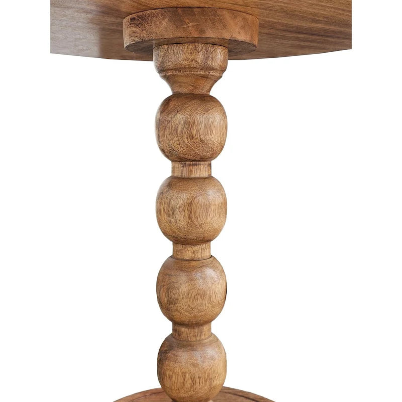 Brown Round Mango Wood Side Table, Stacked Ball Pedestal, 1-Person