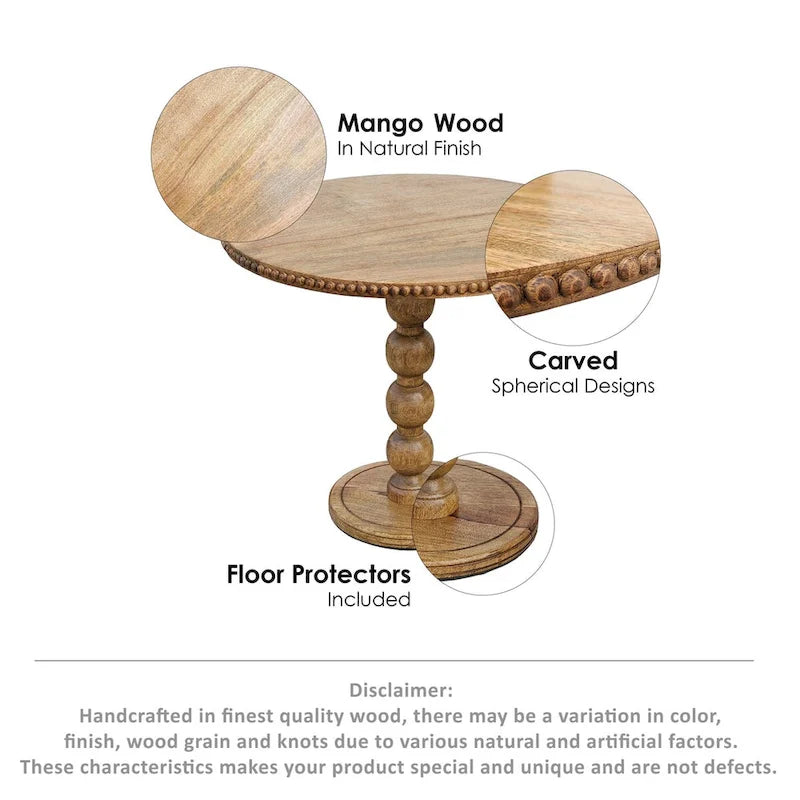 Brown Round Mango Wood Side Table, Stacked Ball Pedestal, 1-Person