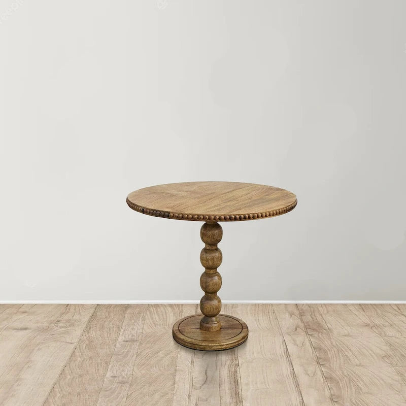 Brown Round Mango Wood Side Table, Stacked Ball Pedestal, 1-Person
