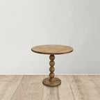 Brown Round Mango Wood Side Table, Stacked Ball Pedestal, 1-Person