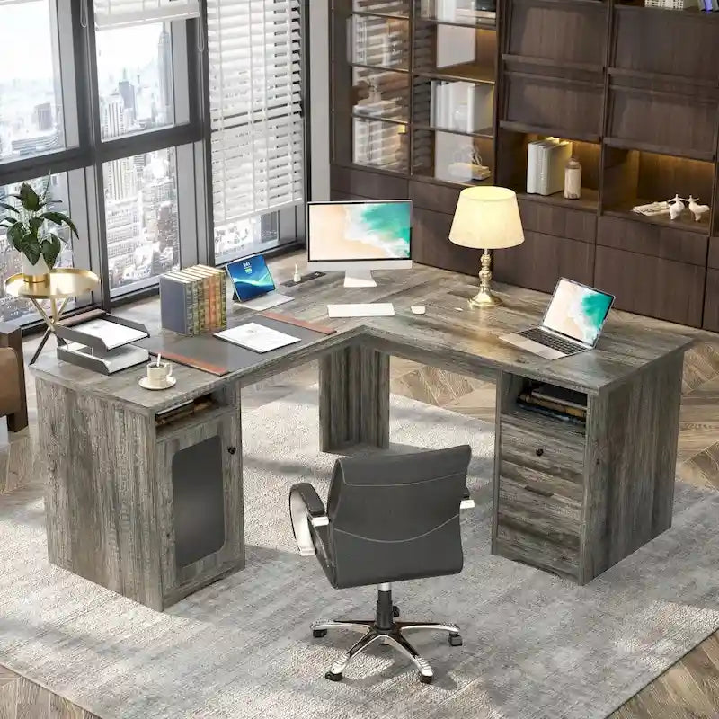L-Shaped Desk with File Cabinet & Drawers | Grey Oak / Grey Walnut / Red Oak / Black / Rustic Brown / White | 1-Person