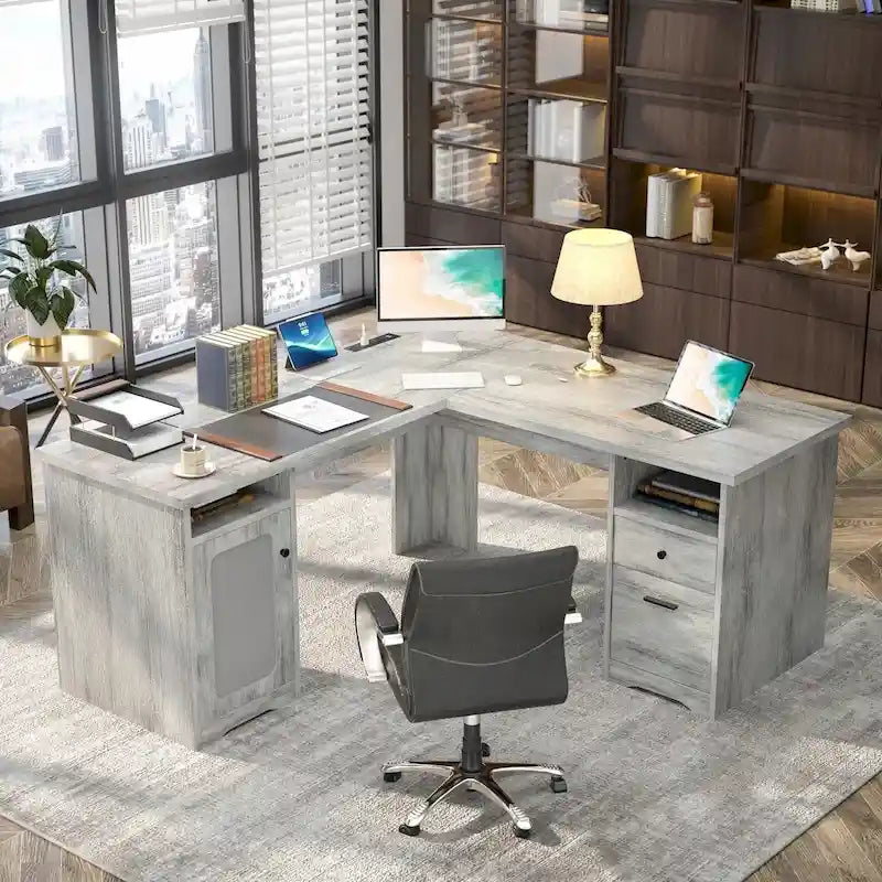 L-Shaped Desk with File Cabinet & Drawers | Grey Oak / Grey Walnut / Red Oak / Black / Rustic Brown / White | 1-Person