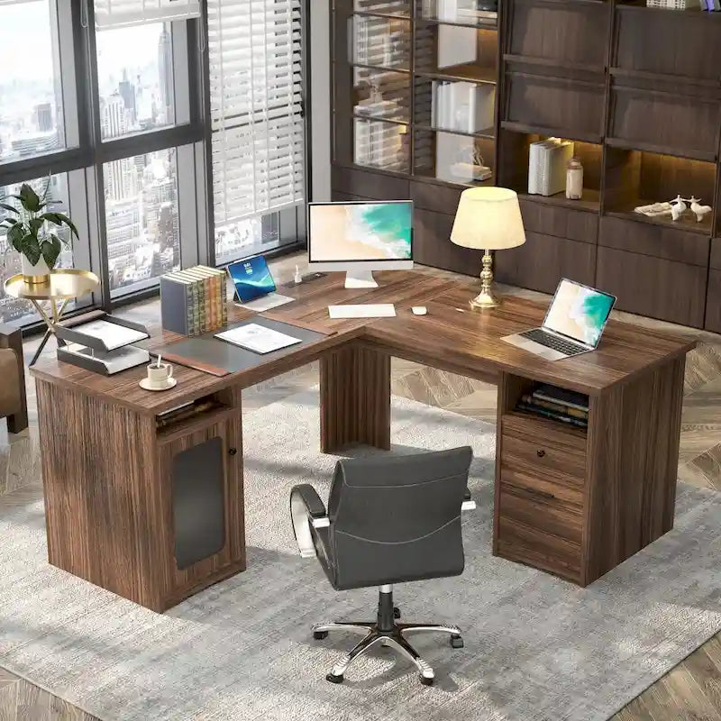 L-Shaped Desk with File Cabinet & Drawers | Grey Oak / Grey Walnut / Red Oak / Black / Rustic Brown / White | 1-Person
