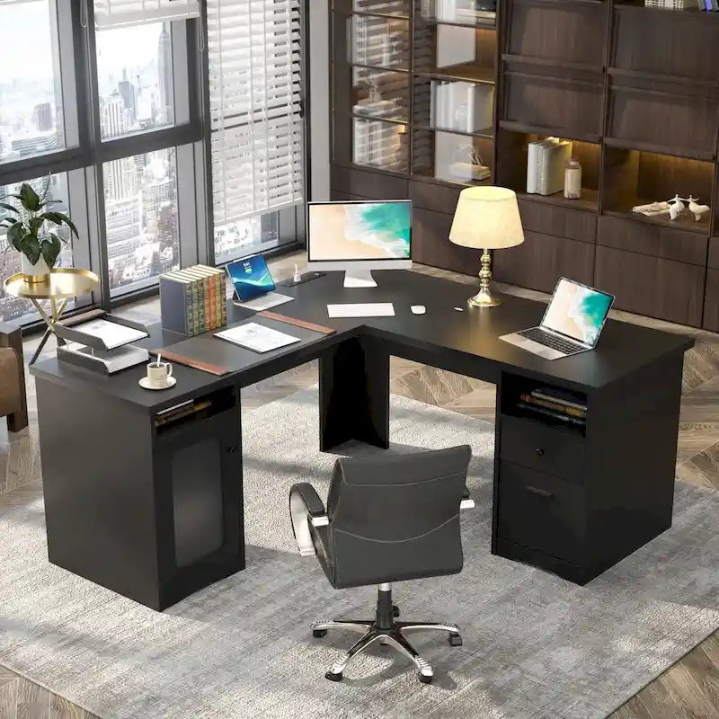L-Shaped Desk with File Cabinet & Drawers | Grey Oak / Grey Walnut / Red Oak / Black / Rustic Brown / White | 1-Person