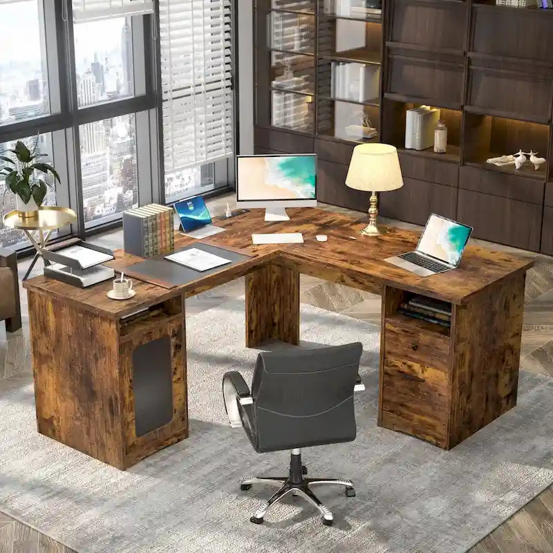 L-Shaped Desk with File Cabinet & Drawers | Grey Oak / Grey Walnut / Red Oak / Black / Rustic Brown / White | 1-Person