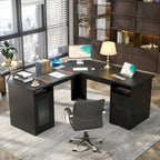 Modern Farmhouse L-Shape Desk with File Cabinet and Drawers, Homer Office Executive Desk with Charge Station