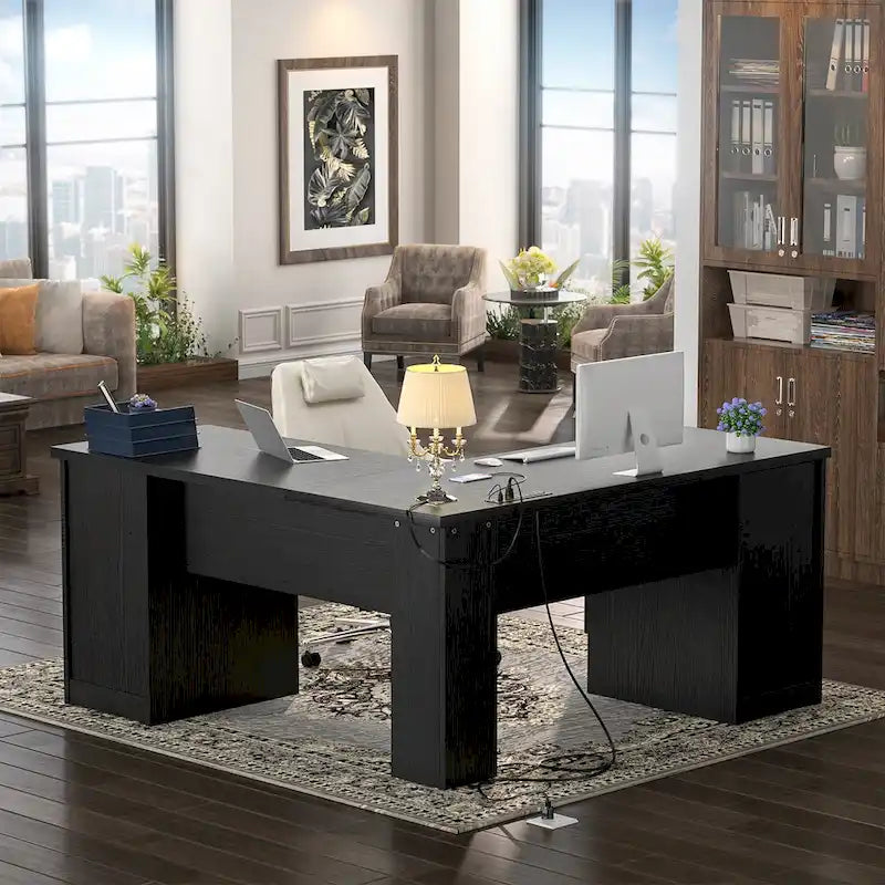 L-Shaped Desk with File Cabinet & Drawers | Grey Oak / Grey Walnut / Red Oak / Black / Rustic Brown / White | 1-Person