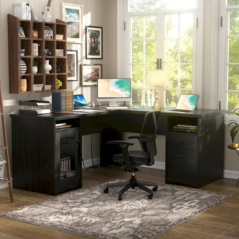 L-Shaped Desk with File Cabinet & Drawers | Grey Oak / Grey Walnut / Red Oak / Black / Rustic Brown / White | 1-Person