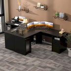 L-Shaped Desk with File Cabinet & Drawers | Grey Oak / Grey Walnut / Red Oak / Black / Rustic Brown / White | 1-Person