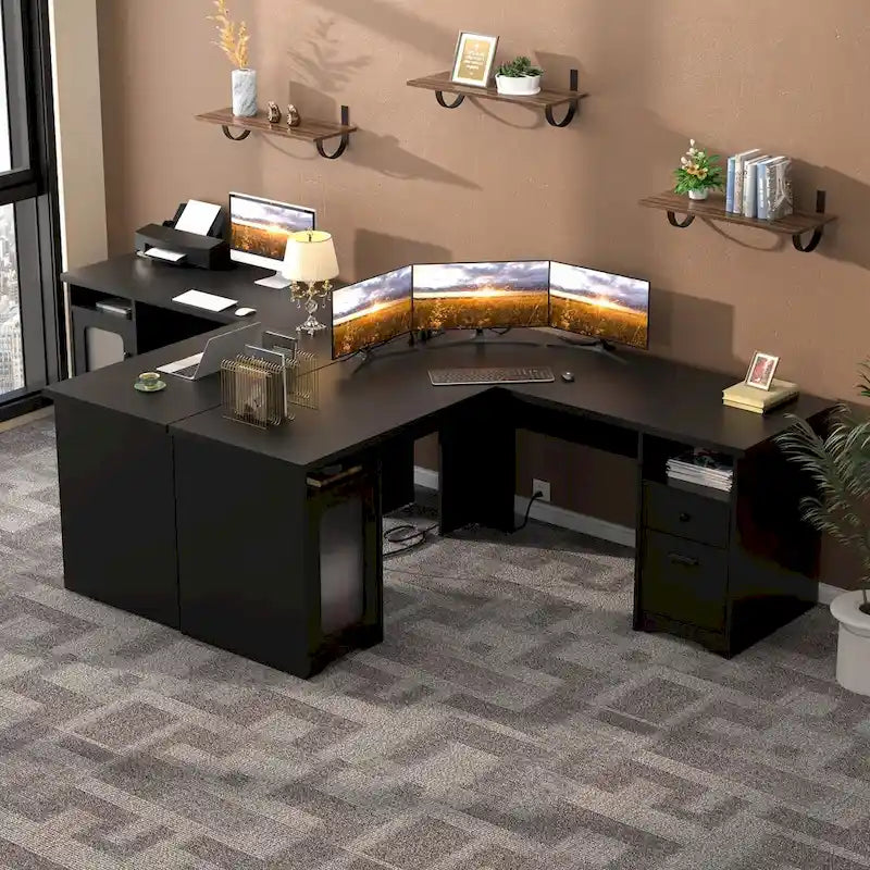 L-Shaped Desk with File Cabinet & Drawers | Grey Oak / Grey Walnut / Red Oak / Black / Rustic Brown / White | 1-Person