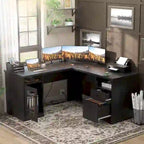 L-Shaped Desk with File Cabinet & Drawers | Grey Oak / Grey Walnut / Red Oak / Black / Rustic Brown / White | 1-Person