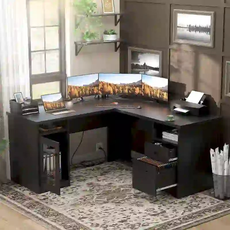 L-Shaped Desk with File Cabinet & Drawers | Grey Oak / Grey Walnut / Red Oak / Black / Rustic Brown / White | 1-Person