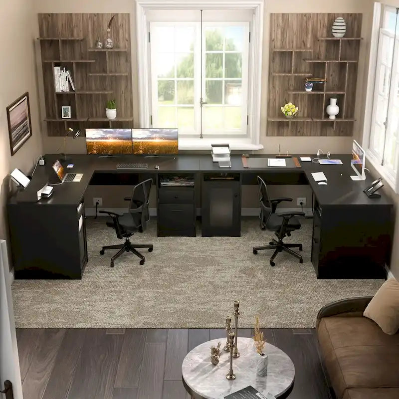 L-Shaped Desk with File Cabinet & Drawers | Grey Oak / Grey Walnut / Red Oak / Black / Rustic Brown / White | 1-Person