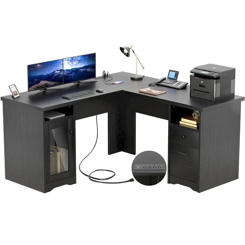 L-Shaped Desk with File Cabinet & Drawers | Grey Oak / Grey Walnut / Red Oak / Black / Rustic Brown / White | 1-Person