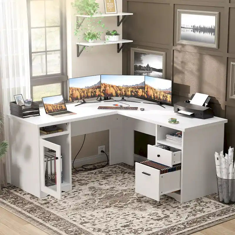 L-Shaped Desk with File Cabinet & Drawers | Grey Oak / Grey Walnut / Red Oak / Black / Rustic Brown / White | 1-Person