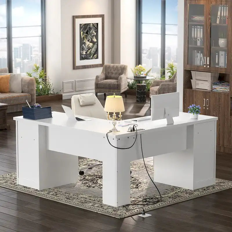 L-Shaped Desk with File Cabinet & Drawers | Grey Oak / Grey Walnut / Red Oak / Black / Rustic Brown / White | 1-Person