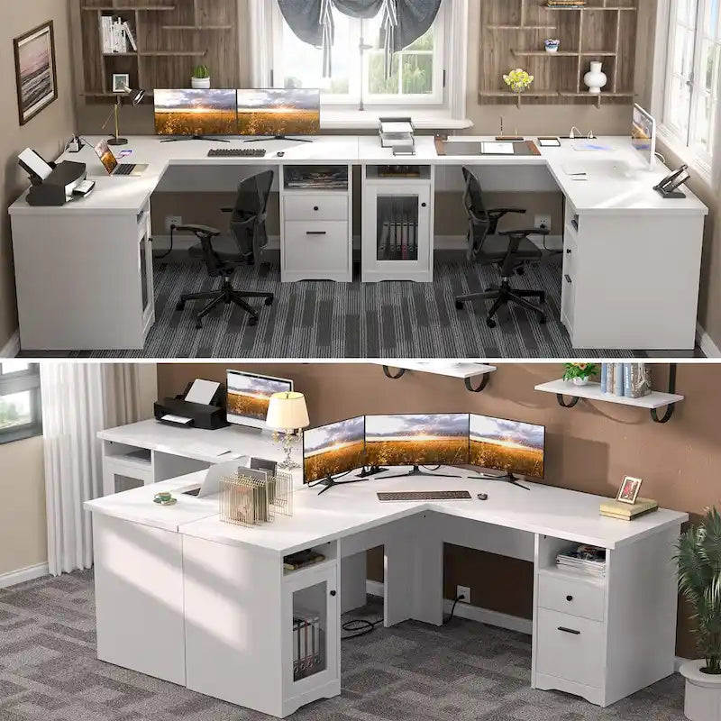 L-Shaped Desk with File Cabinet & Drawers | Grey Oak / Grey Walnut / Red Oak / Black / Rustic Brown / White | 1-Person