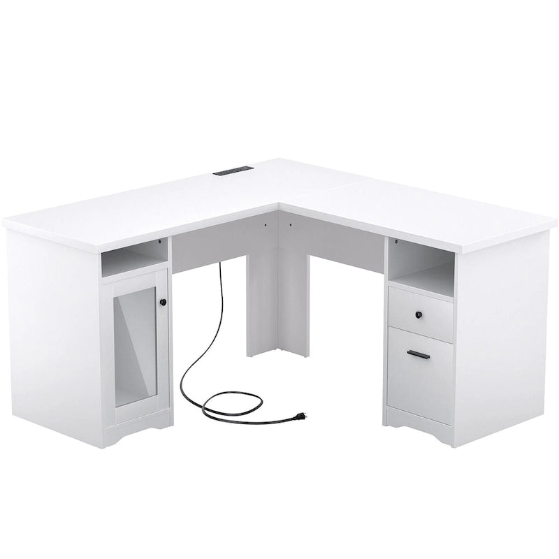 L-Shaped Desk with File Cabinet & Drawers | Grey Oak / Grey Walnut / Red Oak / Black / Rustic Brown / White | 1-Person