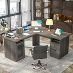 L-Shaped Desk with File Cabinet & Drawers | Grey Oak / Grey Walnut / Red Oak / Black / Rustic Brown / White | 1-Person