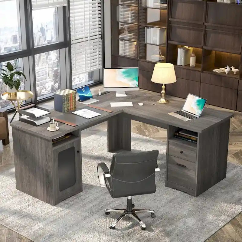 L-Shaped Desk with File Cabinet & Drawers | Grey Oak / Grey Walnut / Red Oak / Black / Rustic Brown / White | 1-Person