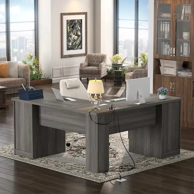 L-Shaped Desk with File Cabinet & Drawers | Grey Oak / Grey Walnut / Red Oak / Black / Rustic Brown / White | 1-Person