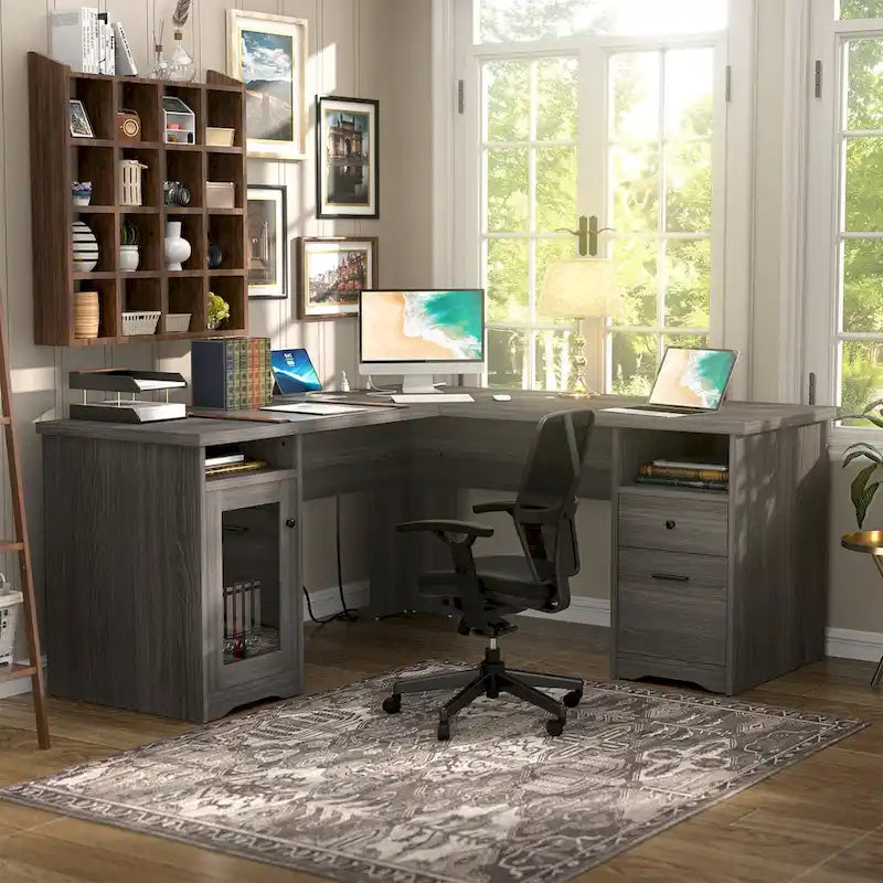 L-Shaped Desk with File Cabinet & Drawers | Grey Oak / Grey Walnut / Red Oak / Black / Rustic Brown / White | 1-Person
