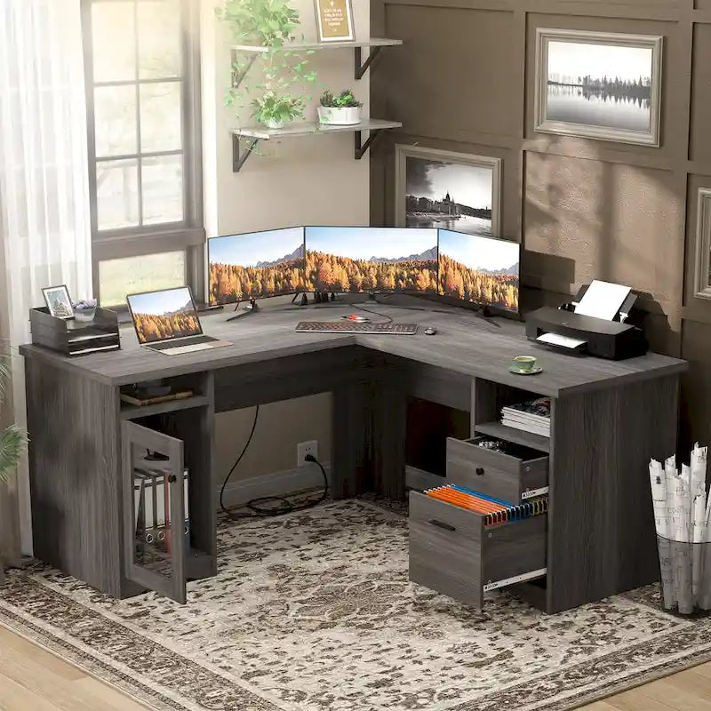 L-Shaped Desk with File Cabinet & Drawers | Grey Oak / Grey Walnut / Red Oak / Black / Rustic Brown / White | 1-Person