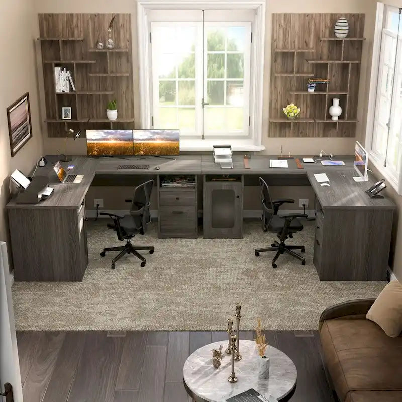 L-Shaped Desk with File Cabinet & Drawers | Grey Oak / Grey Walnut / Red Oak / Black / Rustic Brown / White | 1-Person