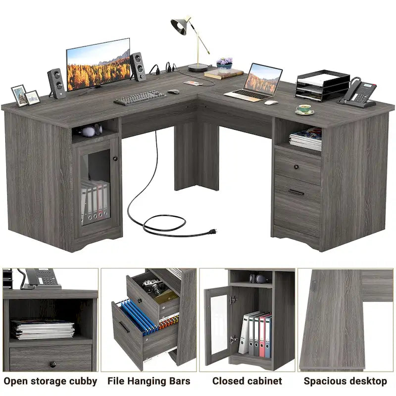 L-Shaped Desk with File Cabinet & Drawers | Grey Oak / Grey Walnut / Red Oak / Black / Rustic Brown / White | 1-Person