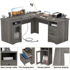 L-Shaped Desk with File Cabinet & Drawers | Grey Oak / Grey Walnut / Red Oak / Black / Rustic Brown / White | 1-Person
