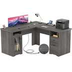 L-Shaped Desk with File Cabinet & Drawers | Grey Oak / Grey Walnut / Red Oak / Black / Rustic Brown / White | 1-Person