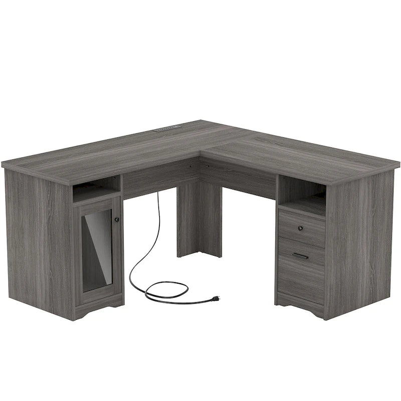 L-Shaped Desk with File Cabinet & Drawers | Grey Oak / Grey Walnut / Red Oak / Black / Rustic Brown / White | 1-Person