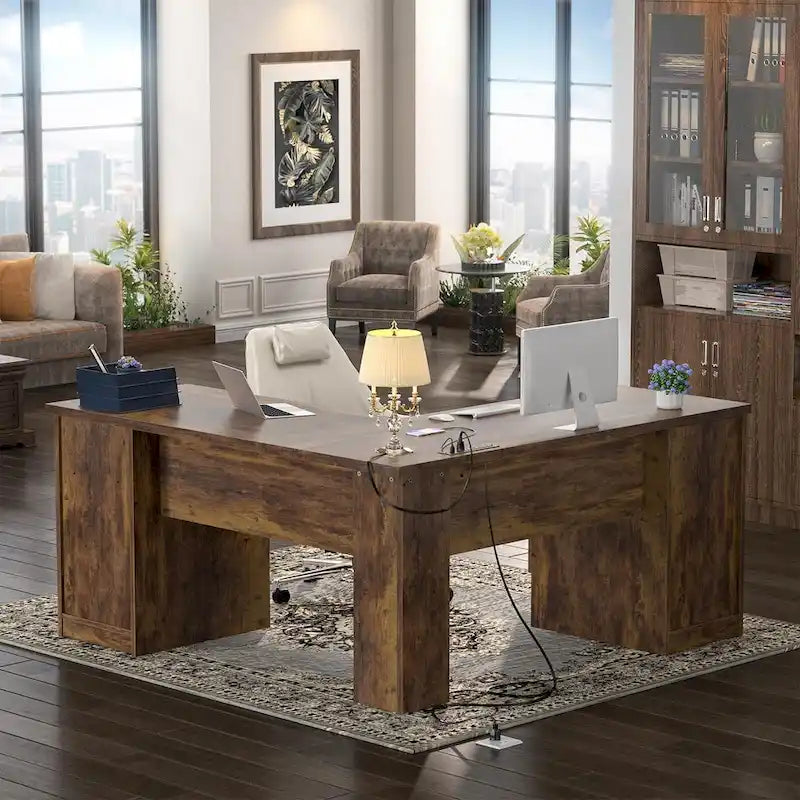 L-Shaped Desk with File Cabinet & Drawers | Grey Oak / Grey Walnut / Red Oak / Black / Rustic Brown / White | 1-Person