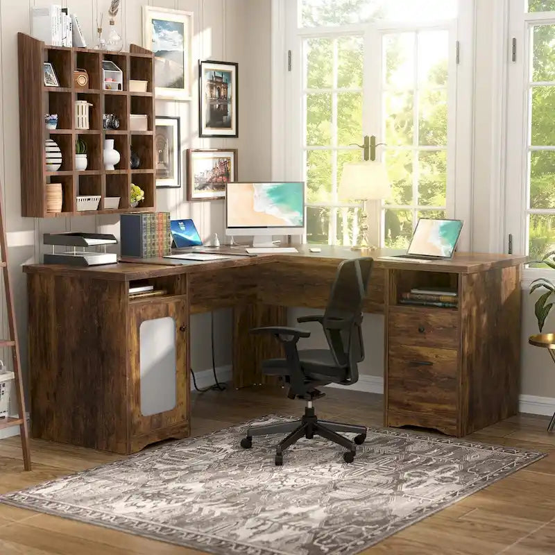 L-Shaped Desk with File Cabinet & Drawers | Grey Oak / Grey Walnut / Red Oak / Black / Rustic Brown / White | 1-Person