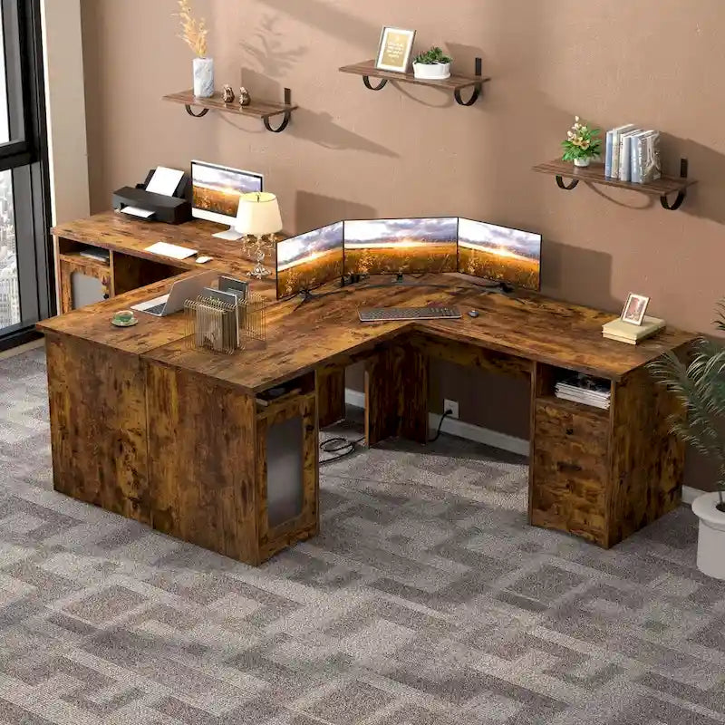L-Shaped Desk with File Cabinet & Drawers | Grey Oak / Grey Walnut / Red Oak / Black / Rustic Brown / White | 1-Person