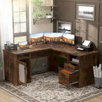 L-Shaped Desk with File Cabinet & Drawers | Grey Oak / Grey Walnut / Red Oak / Black / Rustic Brown / White | 1-Person