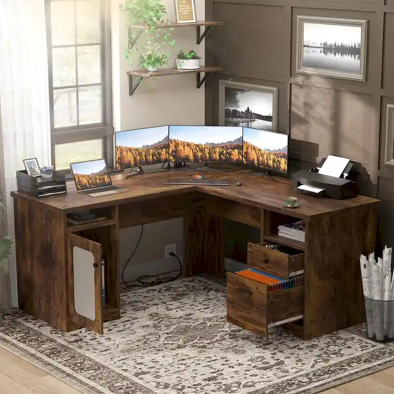 L-Shaped Desk with File Cabinet & Drawers | Grey Oak / Grey Walnut / Red Oak / Black / Rustic Brown / White | 1-Person
