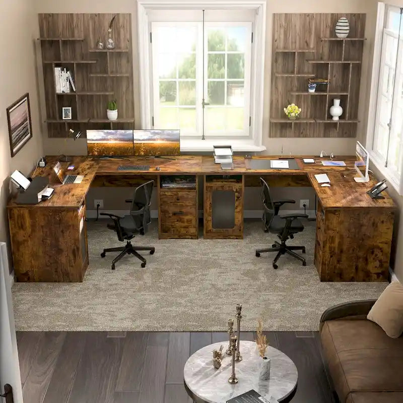 L-Shaped Desk with File Cabinet & Drawers | Grey Oak / Grey Walnut / Red Oak / Black / Rustic Brown / White | 1-Person