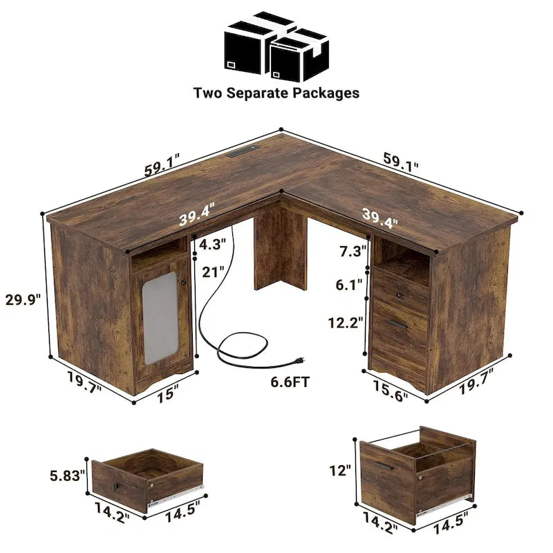 L-Shaped Desk with File Cabinet & Drawers | Grey Oak / Grey Walnut / Red Oak / Black / Rustic Brown / White | 1-Person