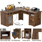 L-Shaped Desk with File Cabinet & Drawers | Grey Oak / Grey Walnut / Red Oak / Black / Rustic Brown / White | 1-Person