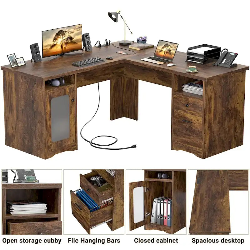 L-Shaped Desk with File Cabinet & Drawers | Grey Oak / Grey Walnut / Red Oak / Black / Rustic Brown / White | 1-Person