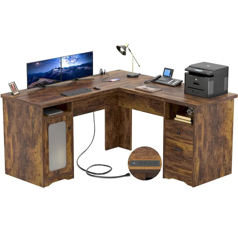 L-Shaped Desk with File Cabinet & Drawers | Grey Oak / Grey Walnut / Red Oak / Black / Rustic Brown / White | 1-Person