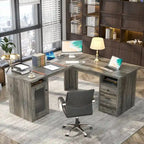 L-Shaped Desk with File Cabinet & Drawers | Grey Oak / Grey Walnut / Red Oak / Black / Rustic Brown / White | 1-Person
