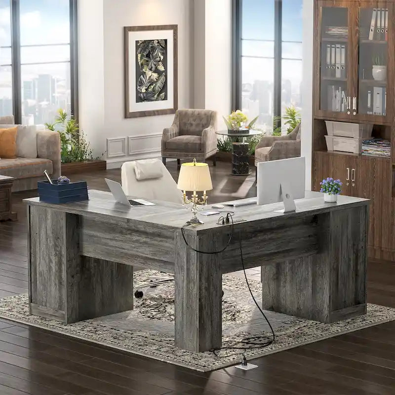 L-Shaped Desk with File Cabinet & Drawers | Grey Oak / Grey Walnut / Red Oak / Black / Rustic Brown / White | 1-Person