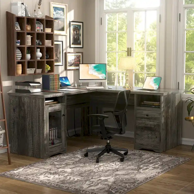 L-Shaped Desk with File Cabinet & Drawers | Grey Oak / Grey Walnut / Red Oak / Black / Rustic Brown / White | 1-Person