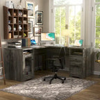 L-Shaped Desk with File Cabinet & Drawers | Grey Oak / Grey Walnut / Red Oak / Black / Rustic Brown / White | 1-Person