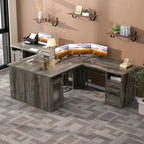L-Shaped Desk with File Cabinet & Drawers | Grey Oak / Grey Walnut / Red Oak / Black / Rustic Brown / White | 1-Person