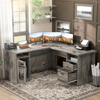 L-Shaped Desk with File Cabinet & Drawers | Grey Oak / Grey Walnut / Red Oak / Black / Rustic Brown / White | 1-Person