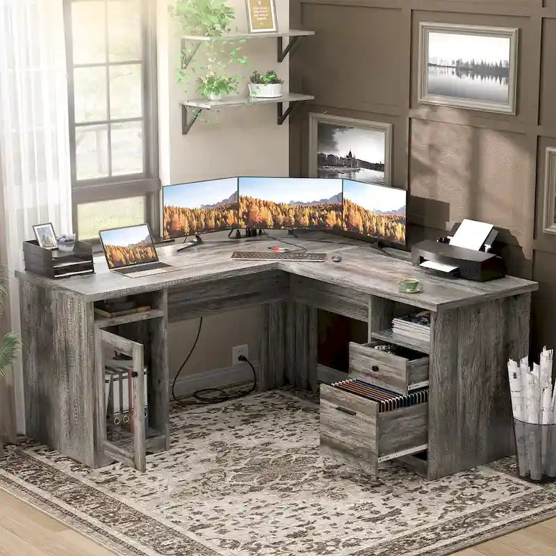 L-Shaped Desk with File Cabinet & Drawers | Grey Oak / Grey Walnut / Red Oak / Black / Rustic Brown / White | 1-Person